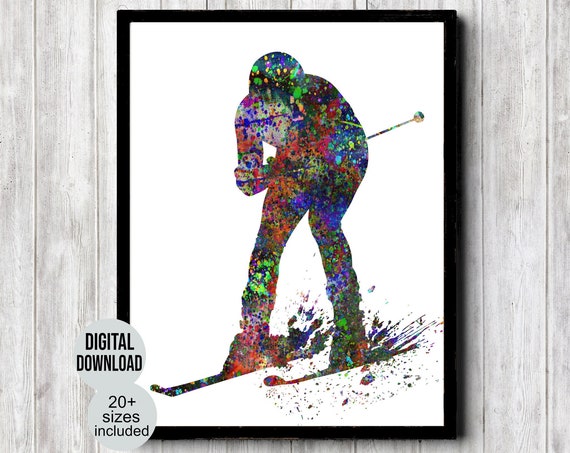 Snow Ski Wall Art Ski Lodge Decor Watercolor Skiing Poster For Boys Room Downhill Alpine Skier With Colorful Paint Spatter