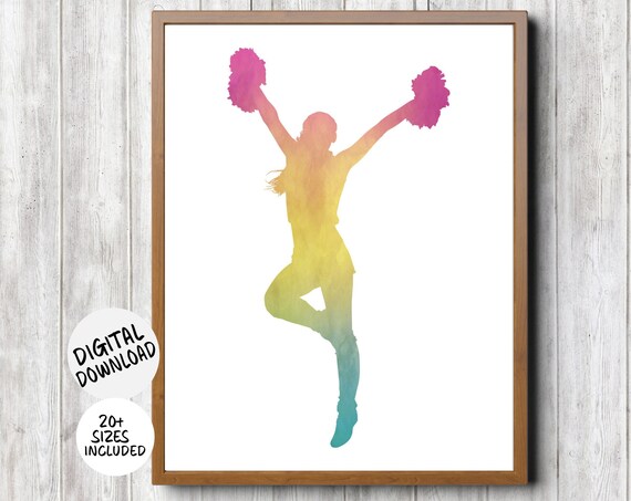 Cheerleader Victory Pose Pink Yellow Teal Watercolor Pom Poms Teen Gift Poster
