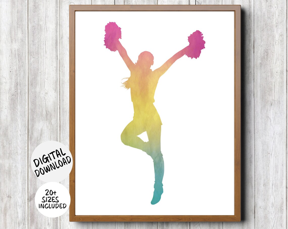 Cheerleader Victory Pose Pink Yellow Teal Watercolor Pom Poms Teen Gift Poster