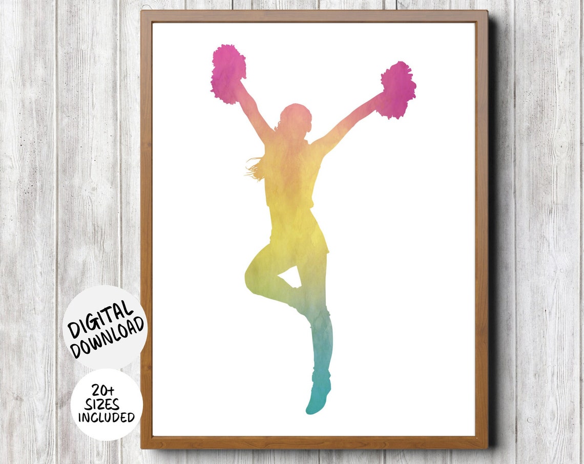 Cheerleader Wall Art Gift Teen Girl Cheerleading Room Decor Watercolor Female Print Pink Yellow And Teal Tween Cheer Art