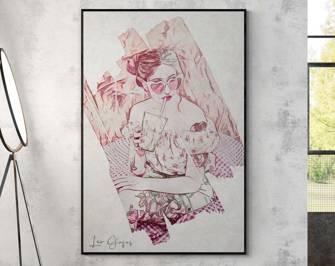 The Picnic Girl Colorful Tattooed Woman Portrait Wall Art Poster Print Pink Girl Modern Minimalist Living Room Wall Art Entry Hall
