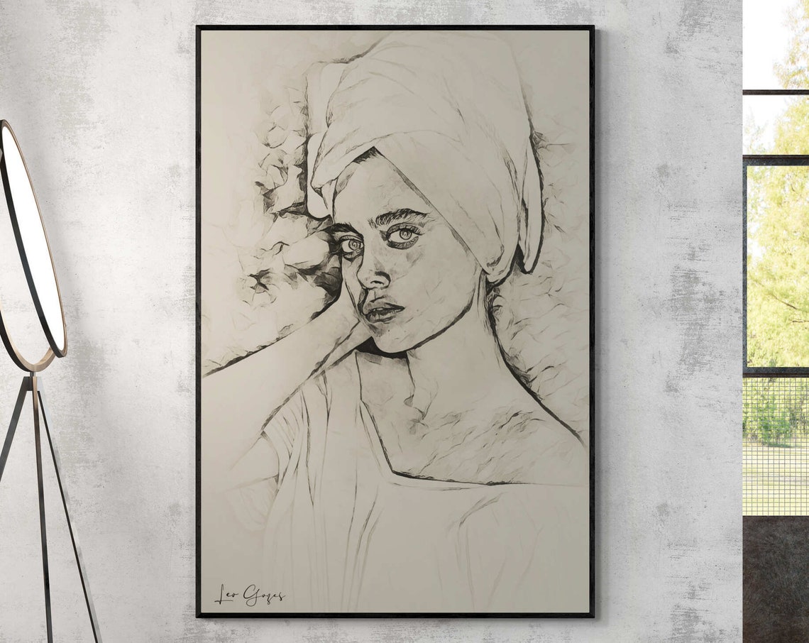 Drawing Turban Woman Portrait Wall Art Poster Print Bath Towel Sketch Woman Art Minimalist Living Room Wall Art Design Entry Hall