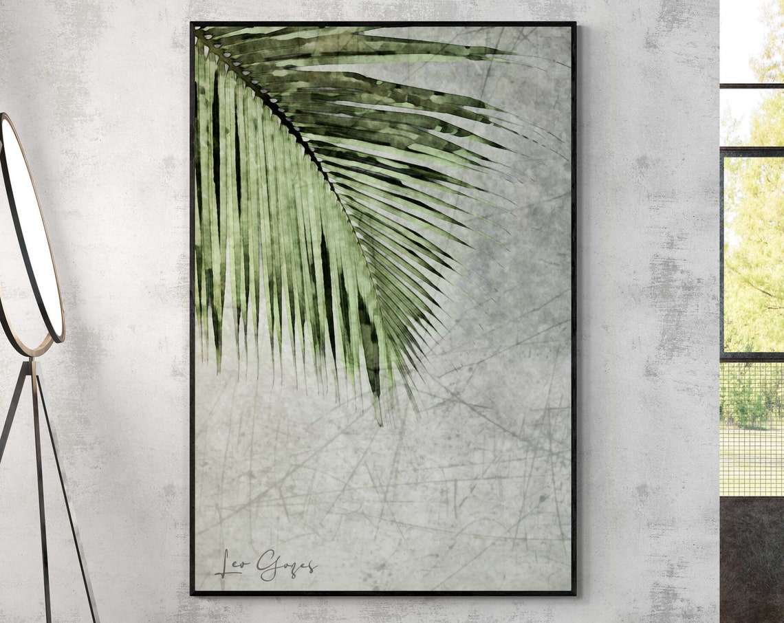 Green Palm Frond Botanical Study on a Textured Gray Art Print