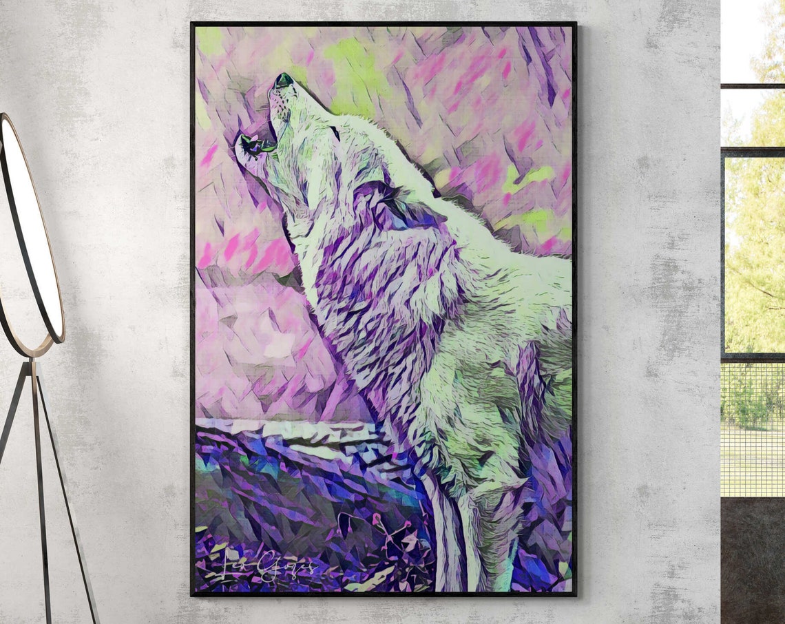 Howling White Wolf Neon Pink and Purple Pop Art Portrait Print