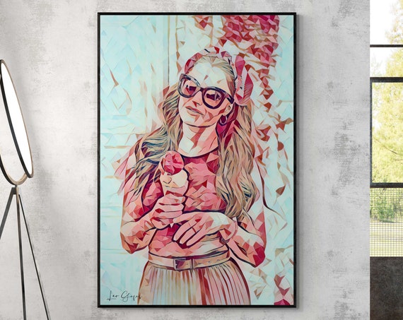 A Colorful Strong Italian Woman Eating Ice Cream Portrait Wall Art Print Modern Big Large Living Room Poster Entry Hall Wall Art