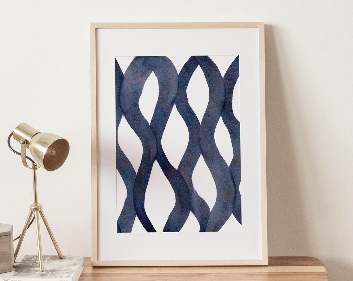 Navy Blue Wavy Lattice Lines White Abstract Watercolor Pattern Poster - Image 4