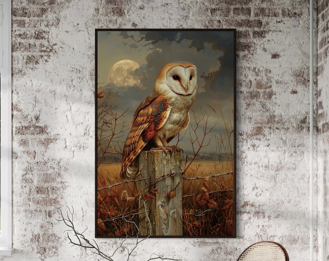 Moonlit Barn Owl and Full Moon Art Print