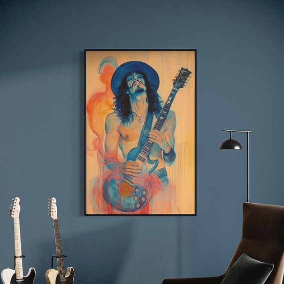 Abstract Rock Guitarist Long Hair Vibrant Electric Music Poster
