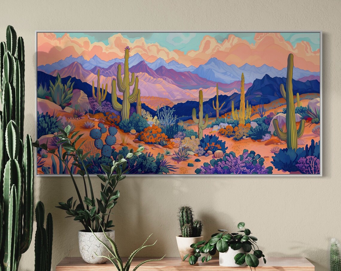 Desert Cactus Landscape Saguaro Purple Mountains Colorful Poster