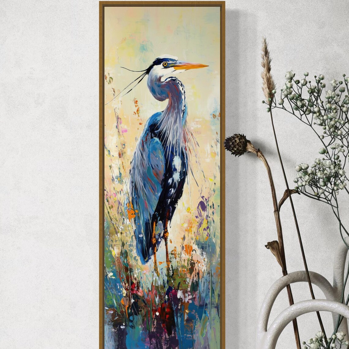 Blue Heron Vertical Art Print, Abstract Florals