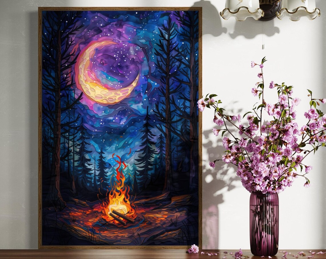 Enchanted Forest Campfire Art Starry Night Poster And Celestial Wilderness Painting Print And Moonlight Print For Home Decor