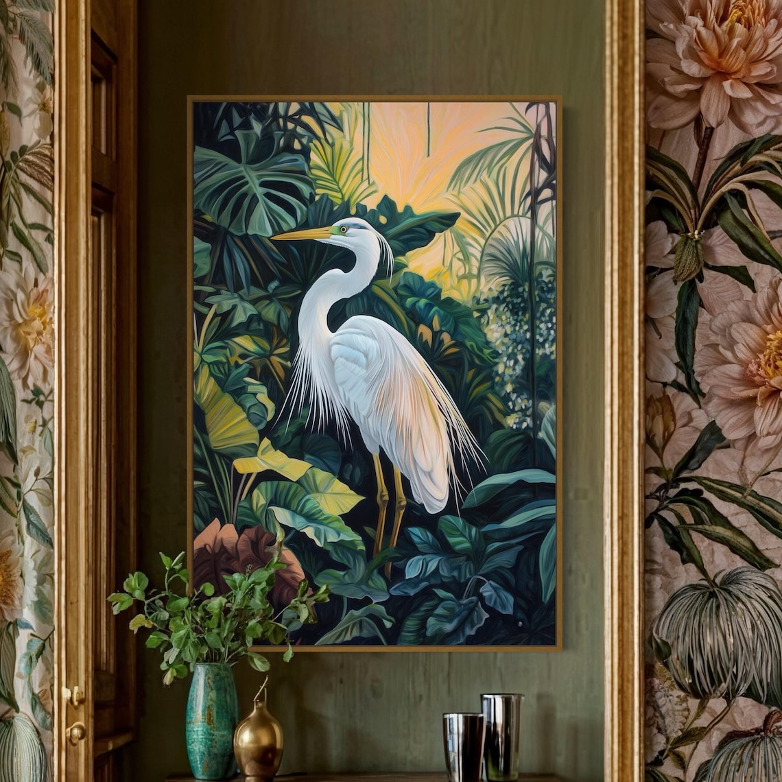 Great Egret Tropical Bird Art Print, Bedroom Decor