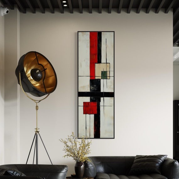 Modern Abstract Wall Art Bold Red And Black With Geometric Lines Minimalist Vertical Design For Trendy Home Or Office Decor