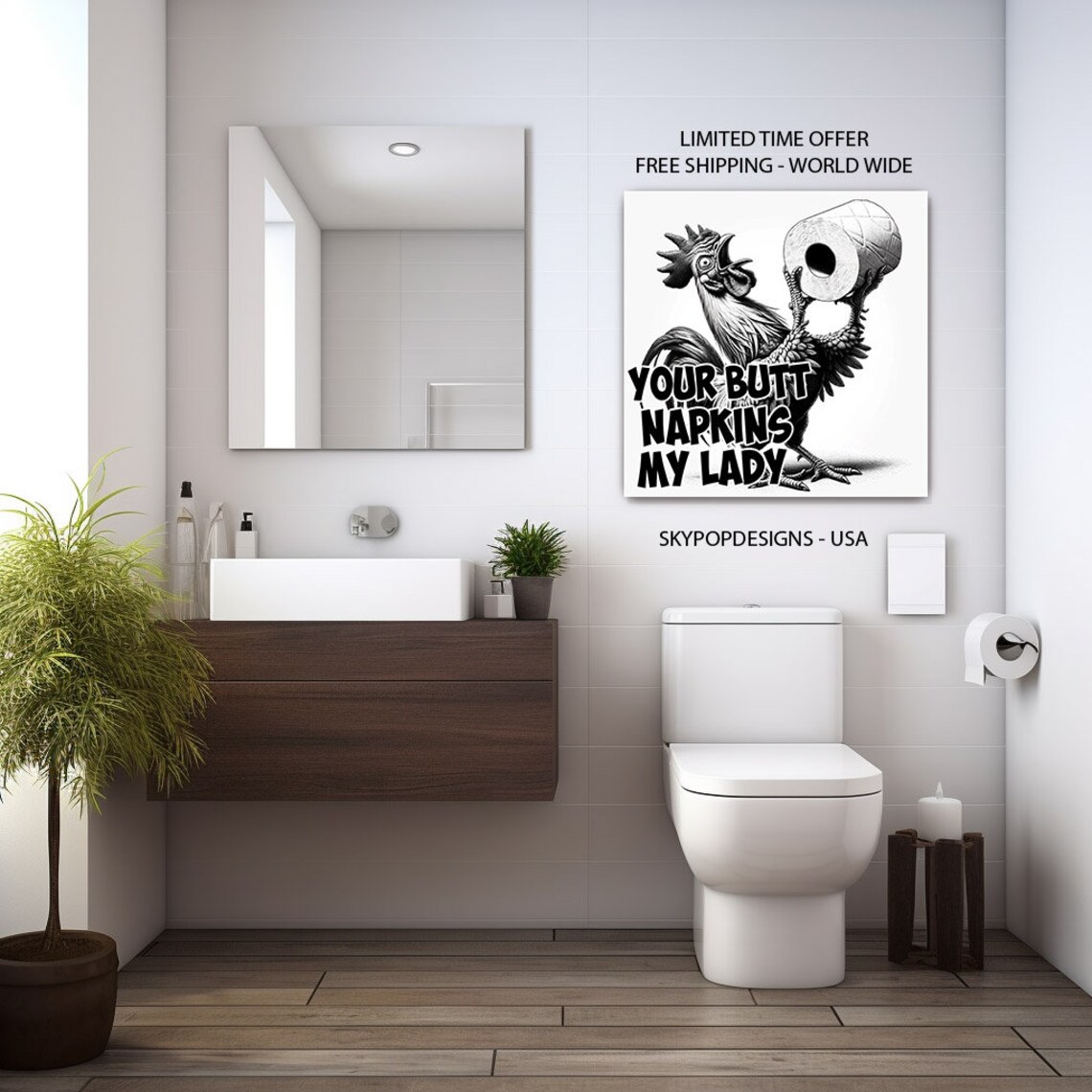 Rooster Bathroom Humor, Farmhouse Wall Art Print - Image 2