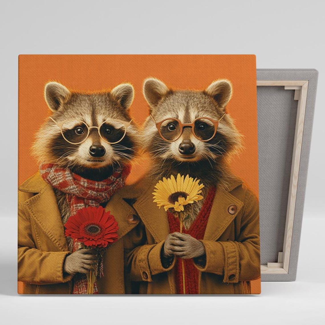 Hipster Raccoon Duo In Coats Glasses Holding Flowers Orange Poster