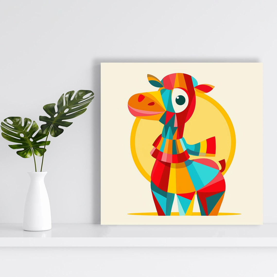 Kaleidoscopic Geometric Cow Vibrant Red Yellow Teal Animal Wall Poster - Image 2