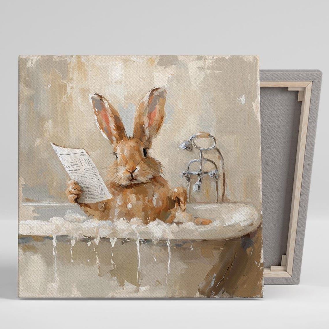 Bunny Reading Newspaper In Bathtub Funny Bathroom Wall Art Poster