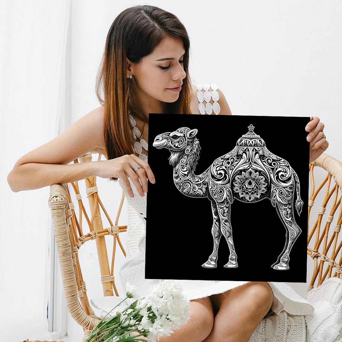 Ornate White Camel Mandala Intricate Black Background Wall Art Poster - Image 3