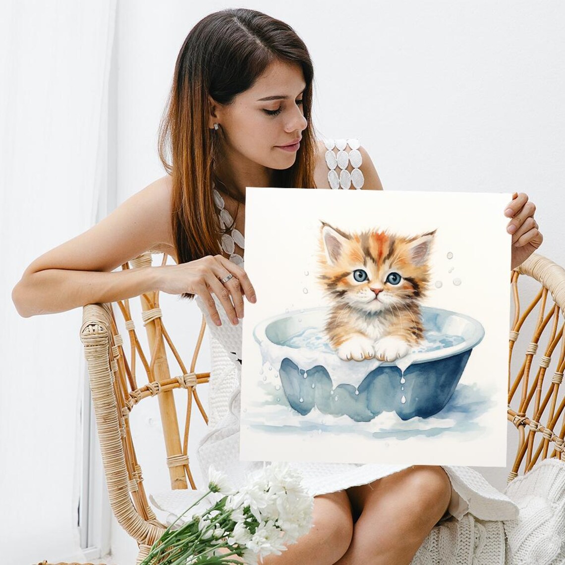 Sweet Kitten Bath Time Blue Eyes Watercolor Nursery Bathroom Art Poster - Image 3