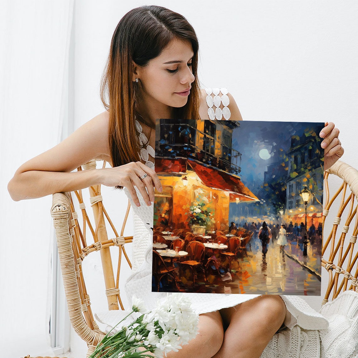 Moonlit European Cafe Street Night Red Awning Impressionist Art Poster - Image 5