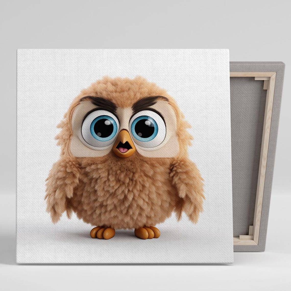 Fluffy Brown Cartoon Owl Big Blue Eyes Cute Kids Wall Art Poster