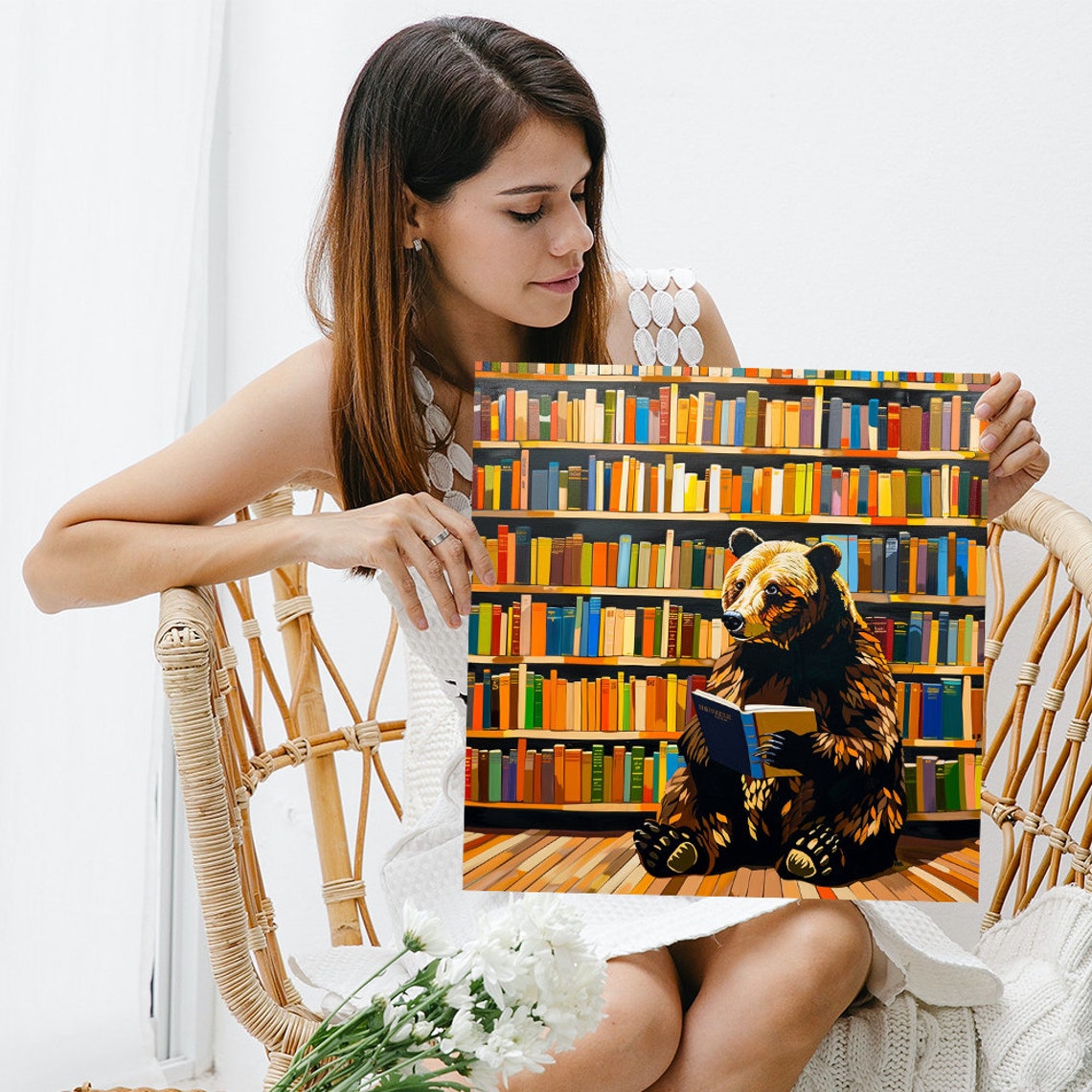 Bear Reading Book Library Colorful Bookshelves Whimsical Cute Poster - Image 3