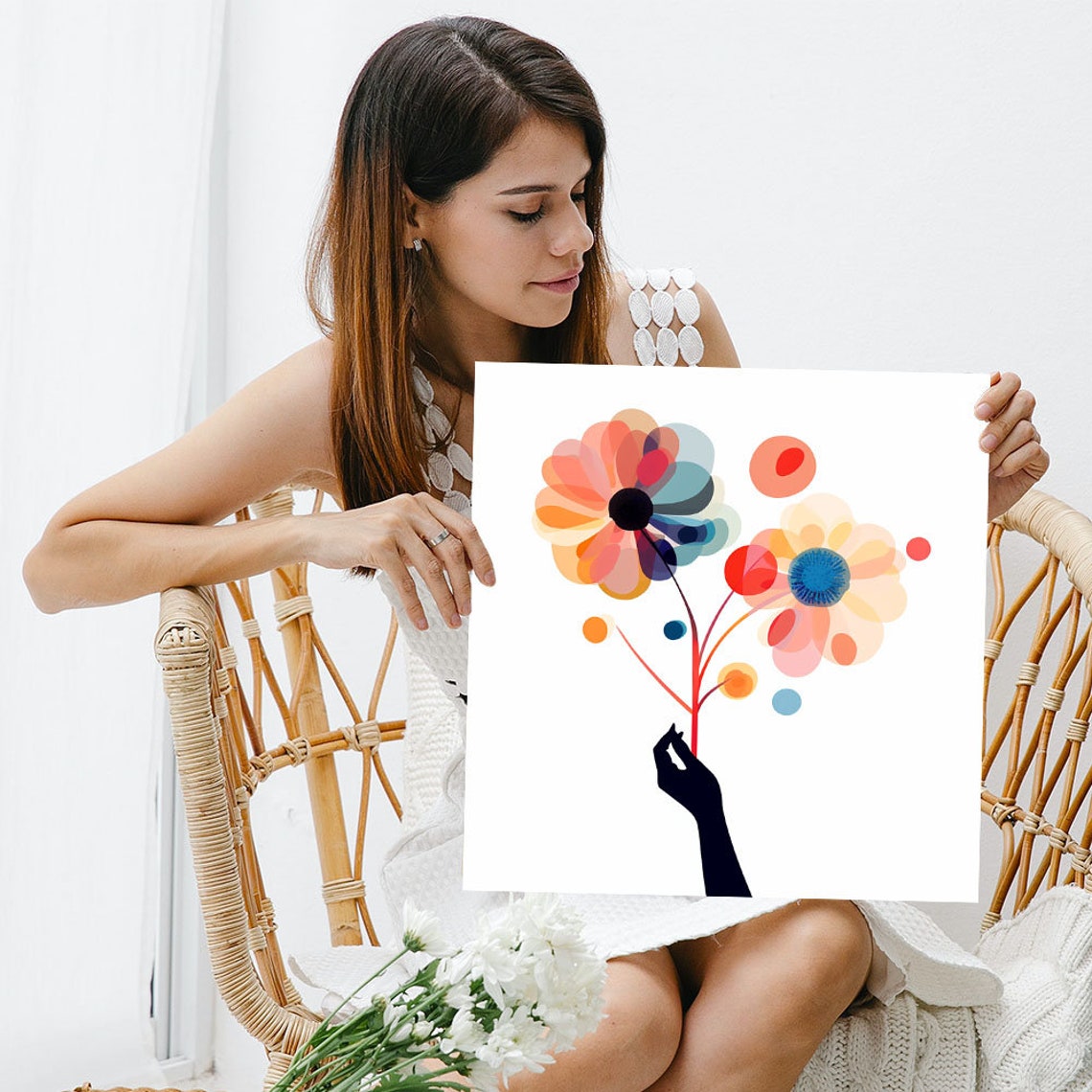 Hand Holding Watercolor Floral Bouquet Pastel Flower Modern Poster - Image 3