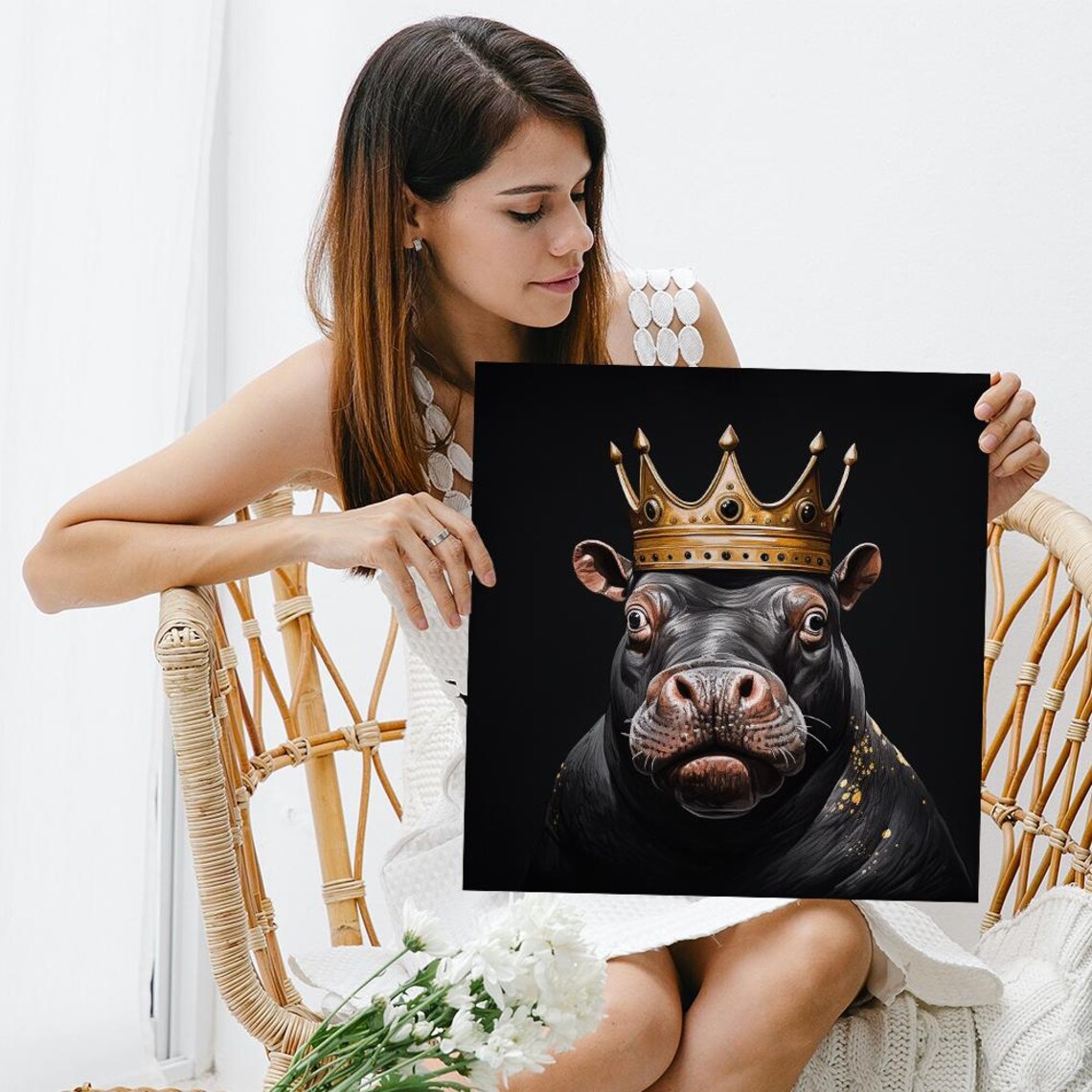 Regal Hippo King Gold Crown Black Background Majestic Glam Animal Wall Art Poster - Image 3