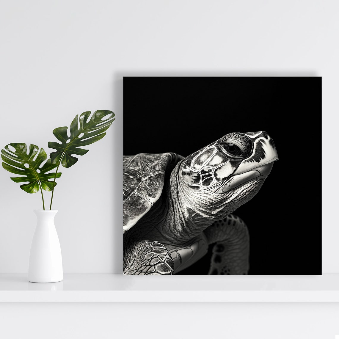 Black White Sea Turtle Portrait Dramatic Dark Background Art Print - Image 2