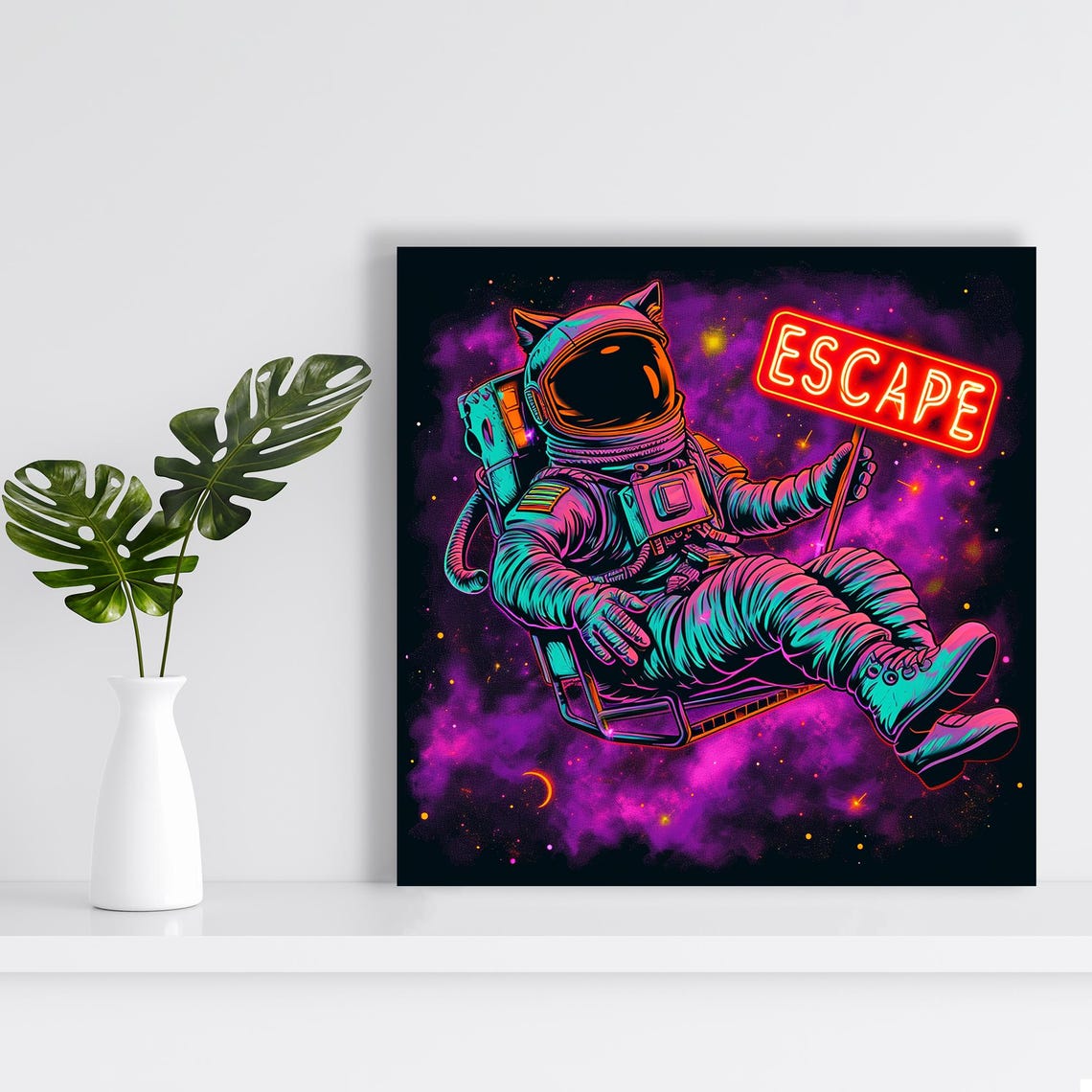 Cat Astronaut Neon Escape Sign Purple Galaxy Pop Retro Space Poster - Image 2