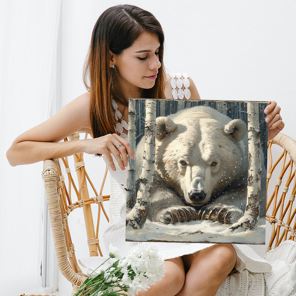 Polar Bear In Snowy Birch Forest Realistic Wildlife Wall Poster - Image 3