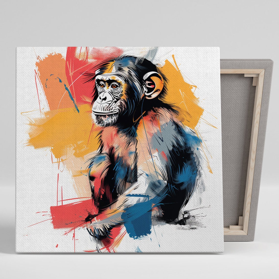 Chimpanzee Abstract Brushstrokes Red Blue Primate Art Poster