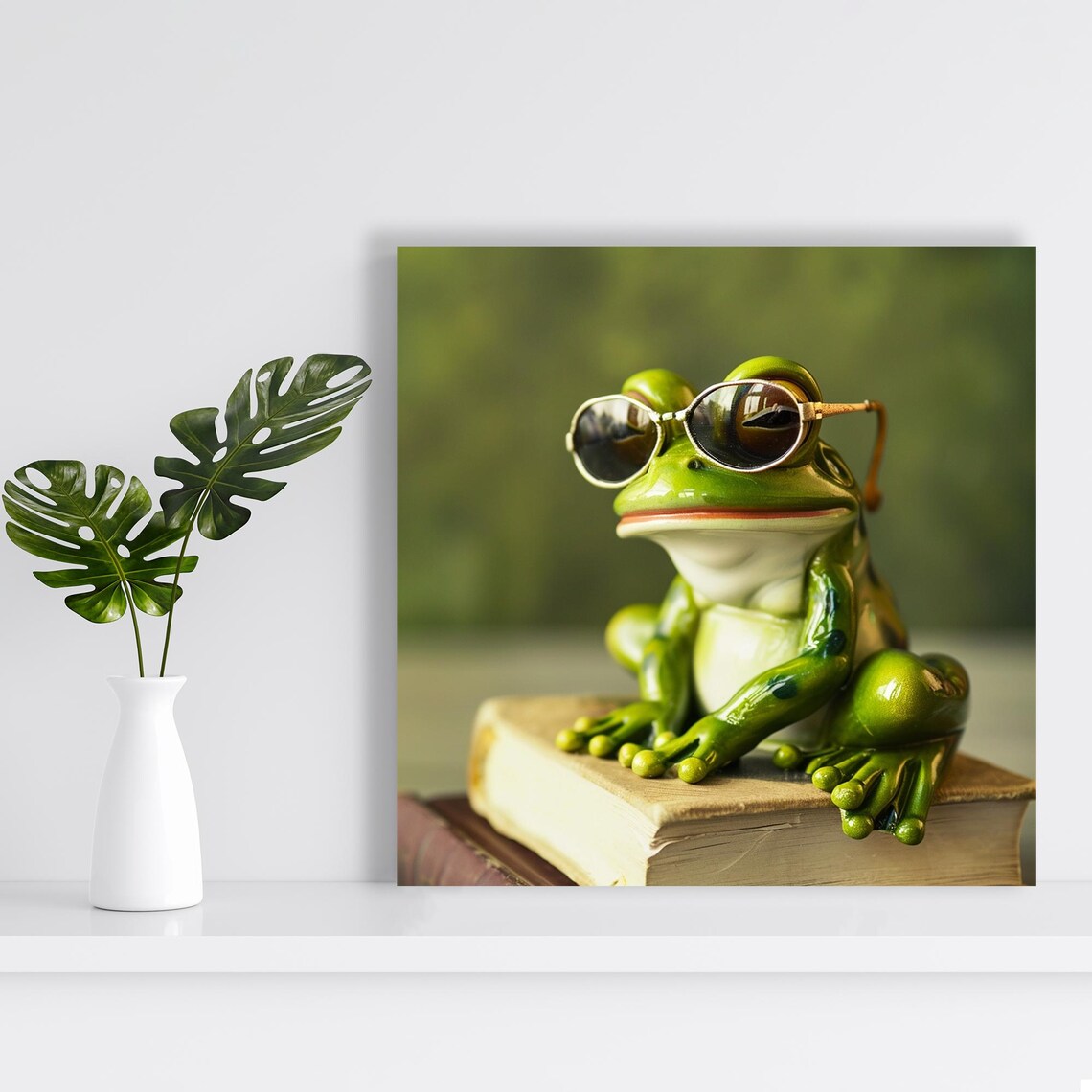Frog Scholar Sunglasses Sitting On Books Whimsical Library Animal Wall Art Print - Image 2