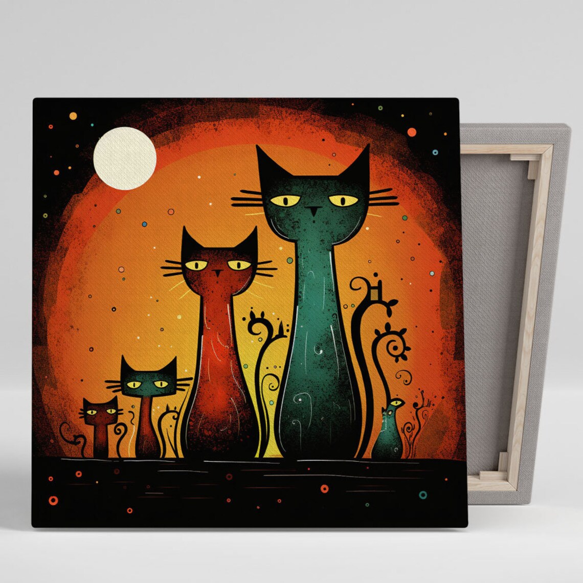 Four Stylized Cats Under Orange Moon Whimsical Long Neck Cat Family Print