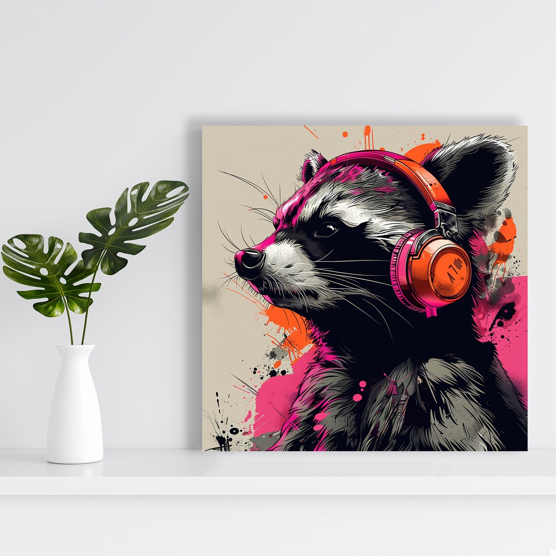 Dj Raccoon Beats Art Or Poster Street Pop Animal Decor Living Room Bedroom Office Wall Art Pink Orange Black White Contemporary - Image 2