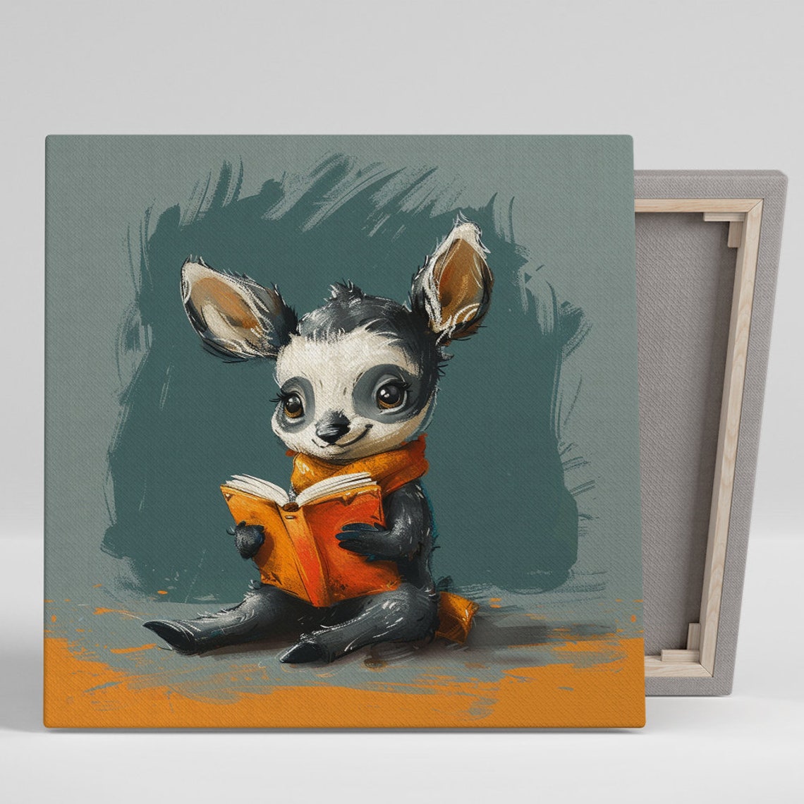 Cute Baby Animal Reading a Book Whimsical Nursery Bookworm Wall Art