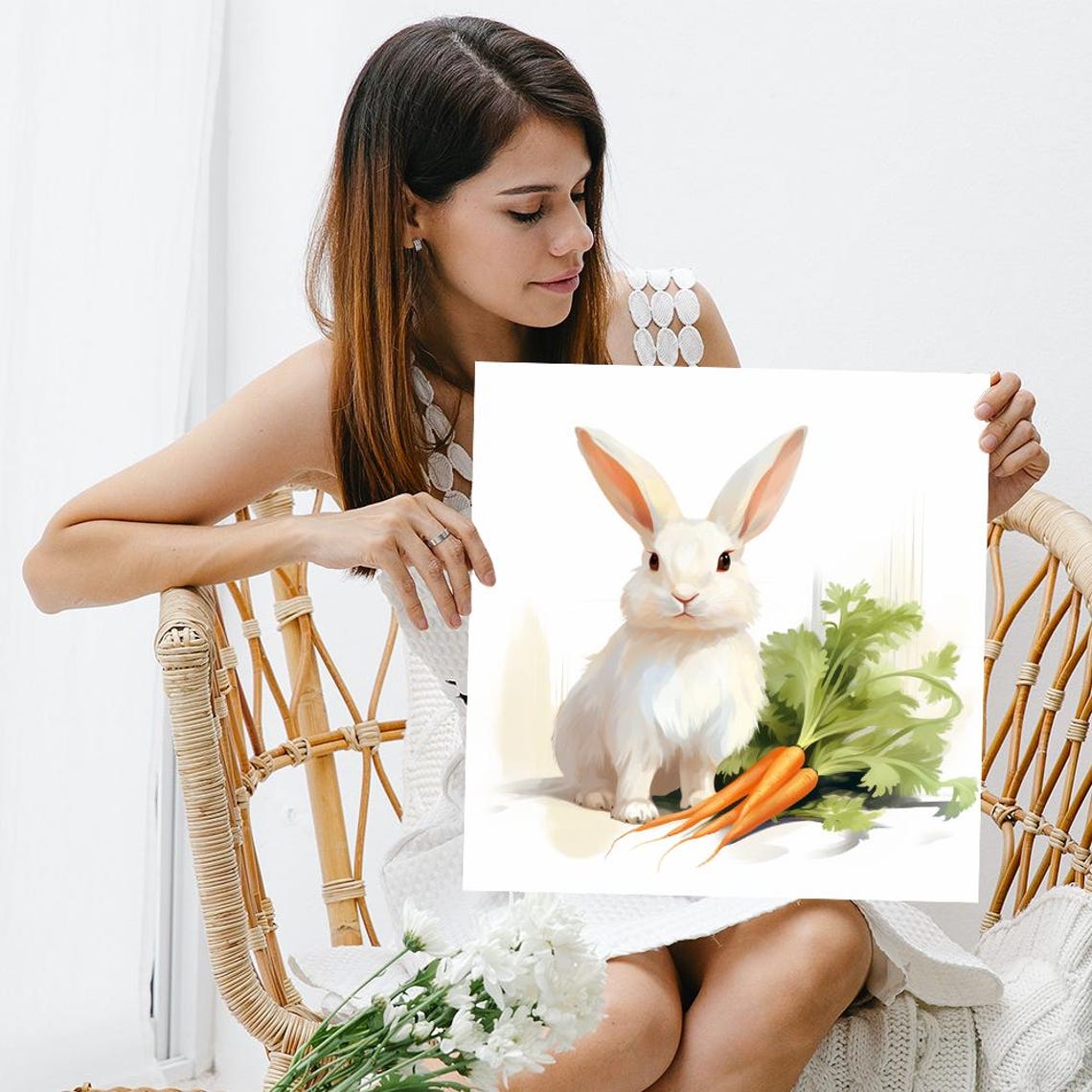 White Bunny With Carrots Watercolor Nursery Kitchen Art Poster - Image 3