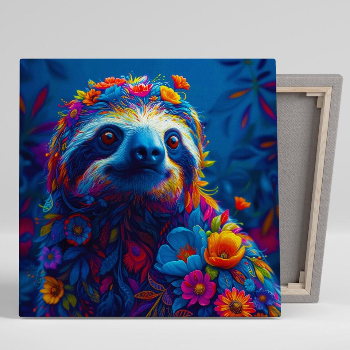 Neon Sloth Flower Crown Portrait Psychedelic Colors Vibrant Wall Art Poster Print