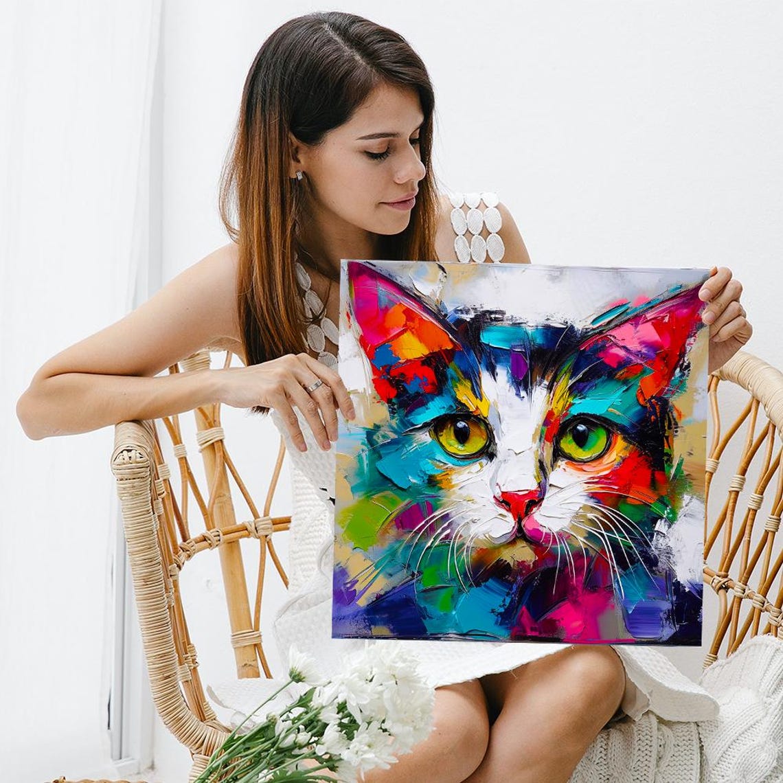 Abstract Multicolor Cat Face Palette Knife Painting Bold Wall Poster - Image 3
