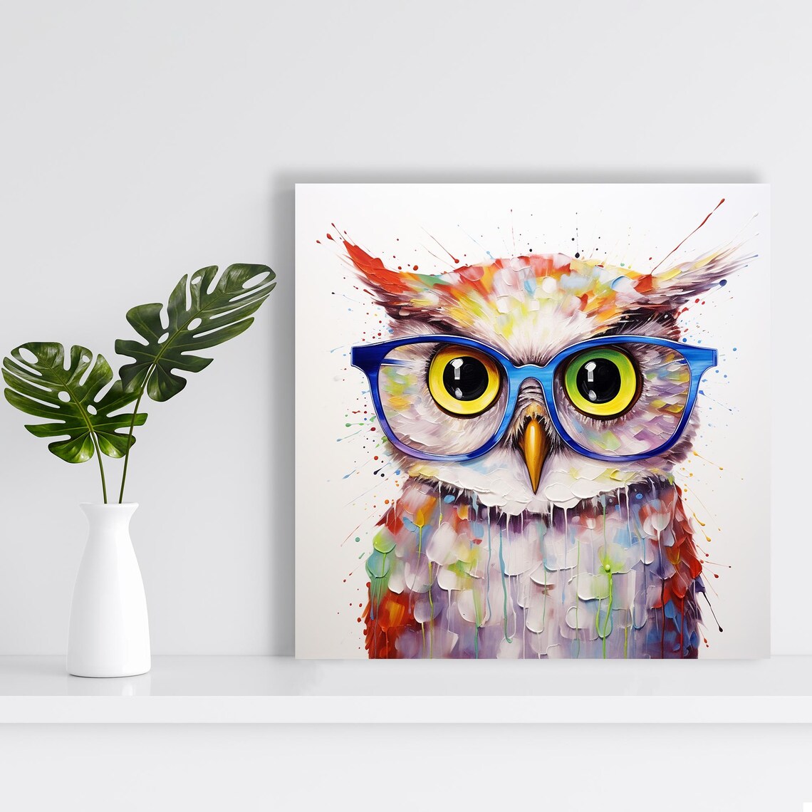 Whimsical Owl Art Print, Blue Yellow Multicolor - Image 2