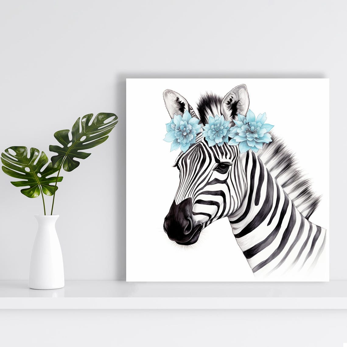 Zebra Wearing Blue Floral Crown Soft Watercolor Animal Portrait Poster - Image 2