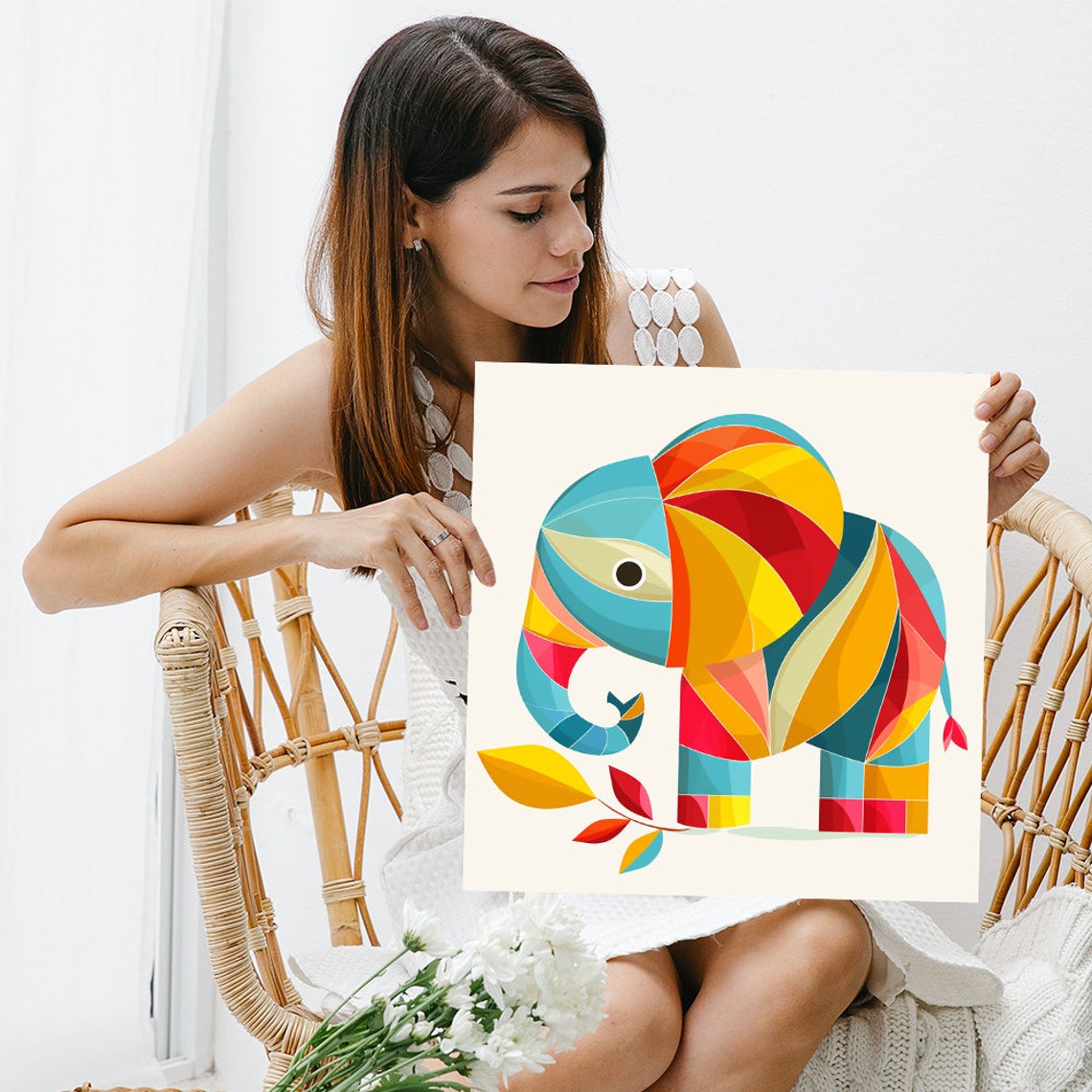 Geometric Rainbow Elephant Abstract Mosaic Animal Nursery Poster - Image 3