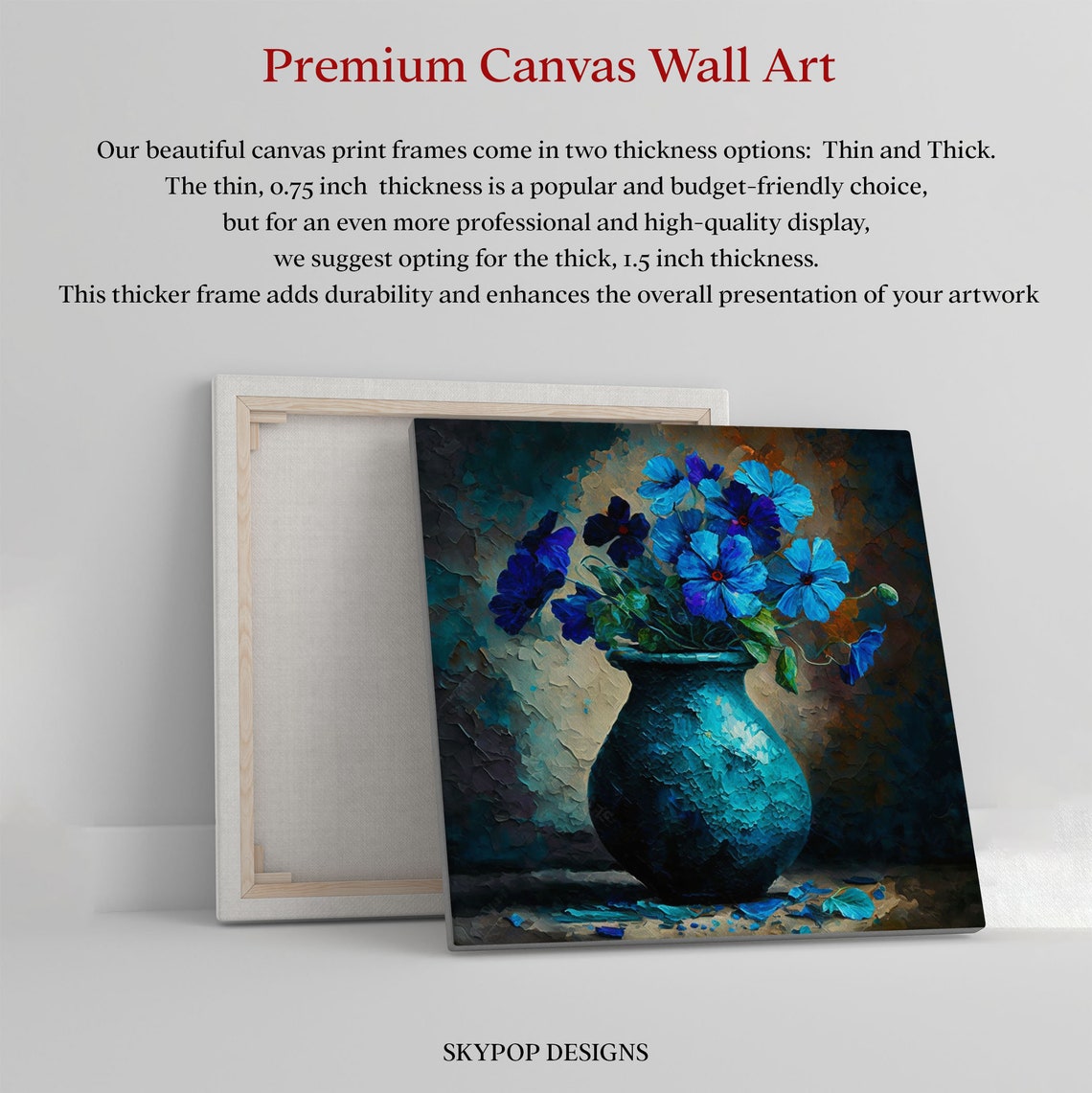 Blue Blossom Bouquet Textured Teal Vase Impasto Moody Floral Poster - Image 2