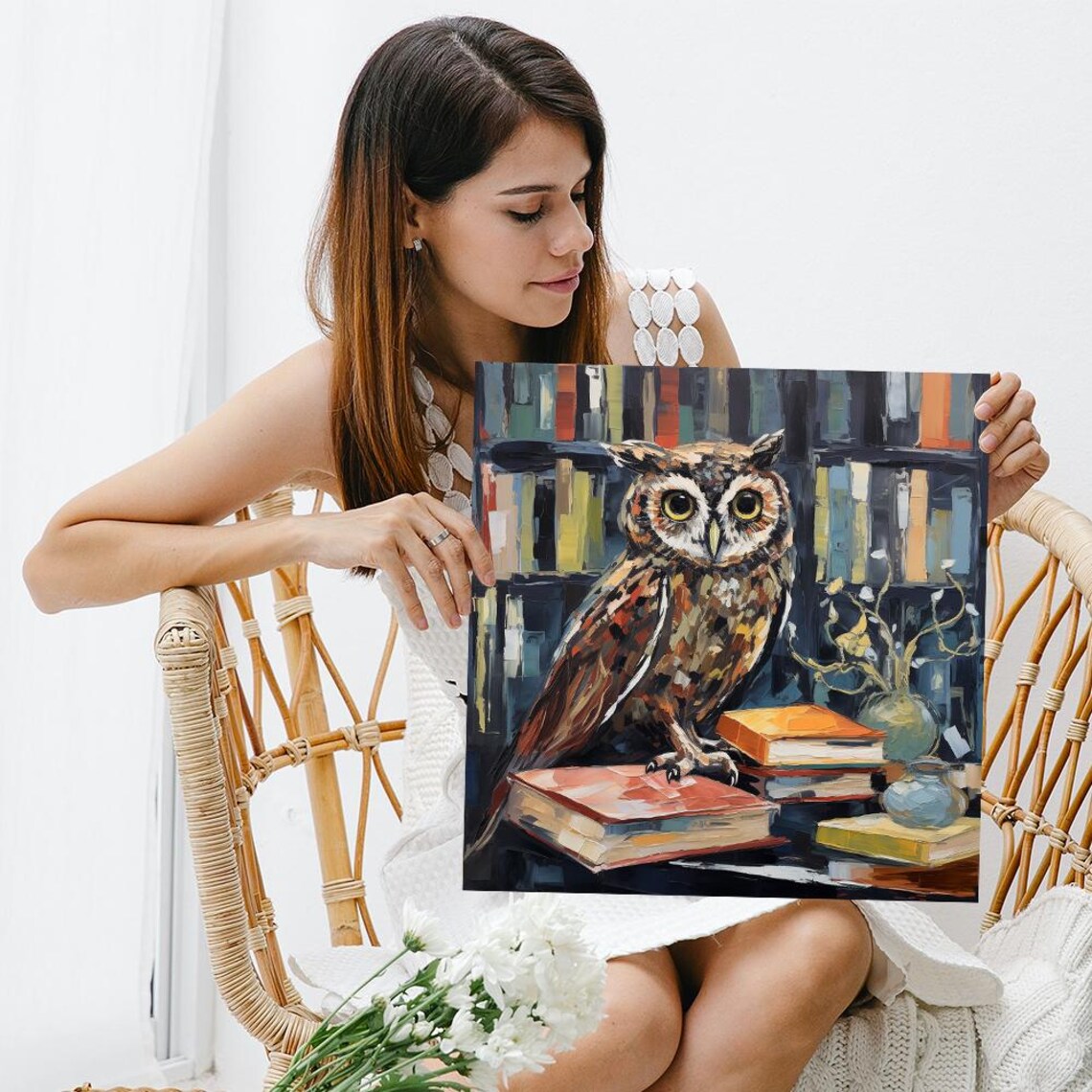 Wise Owl Library Bookshelf Impressionist Painted Portrait Wall Art Poster - Image 3