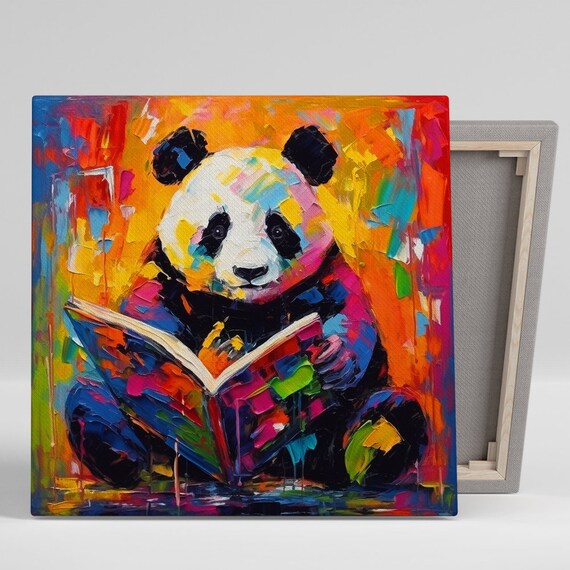 Colorful Panda Reading Book Abstract Impasto Cute Library Poster