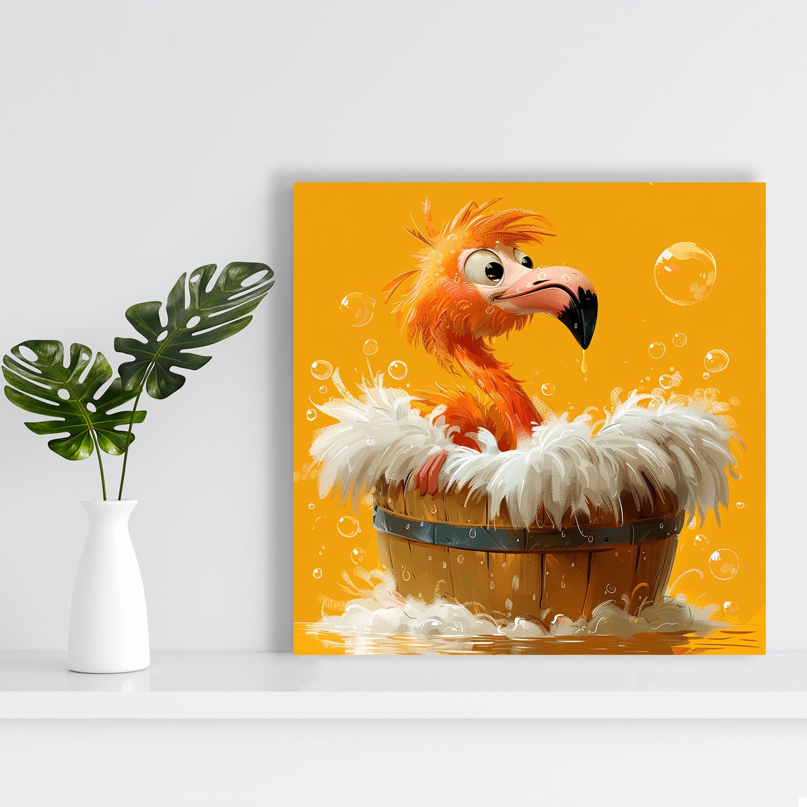 Flamingo Bath Tub Poster Bubbles Cute Cartoon Nursery Animal Decor - Image 2