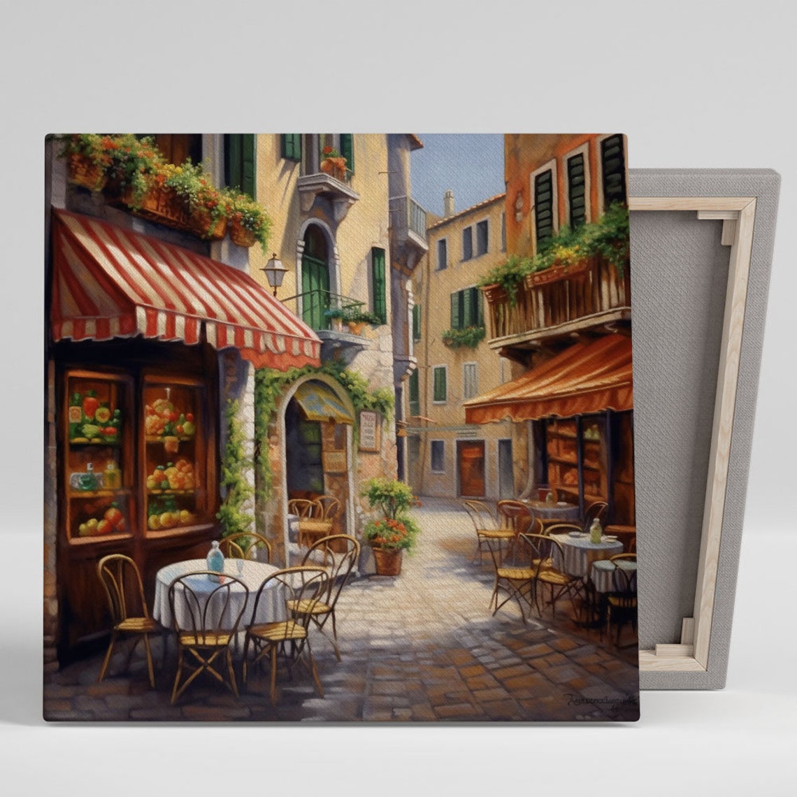 Sunny Mediterranean Cafe Street Striped Awnings Bistro Scene Poster