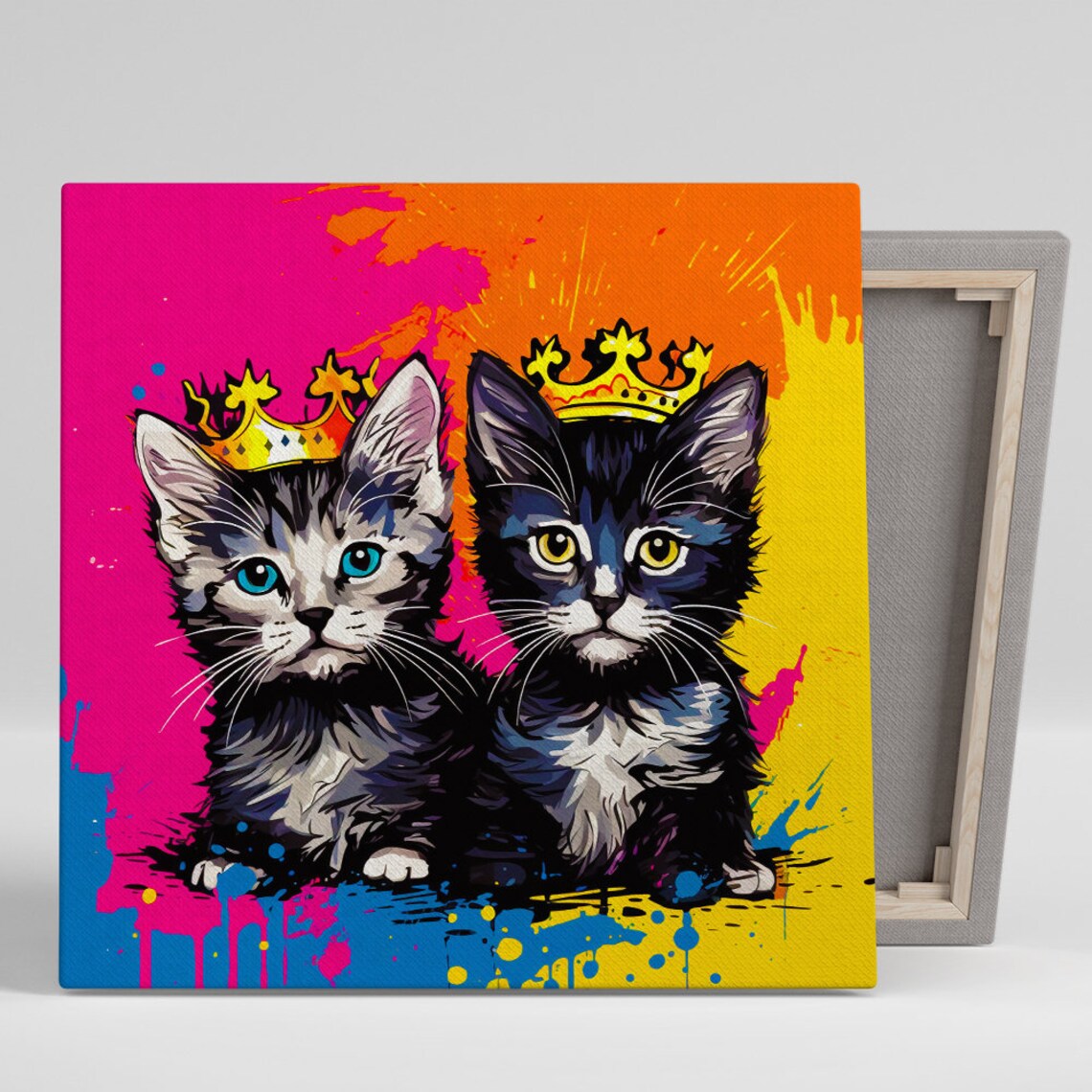 Royal Kittens With Crowns Pop Art Poster Neon Pink Graffiti Cat Wall Print