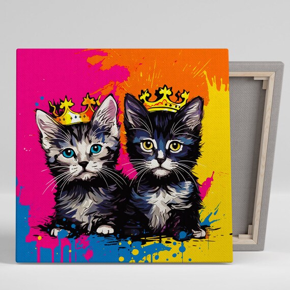 Royal Kittens With Crowns Pop Art Poster Neon Pink Graffiti Cat Wall Print