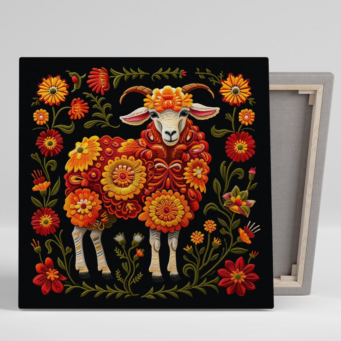 Embroidered Floral Sheep Folk Art Black Background Wall Art Poster